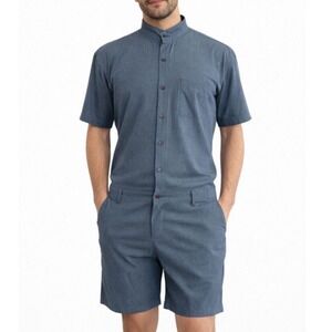 Romperjack Men's Large Short‎ Sleeve Bluish Button Up Chambray One Piece Romper